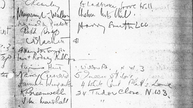 A photo of a handwritten page showing Ithell Colquhoun's signature and address in a visitor book